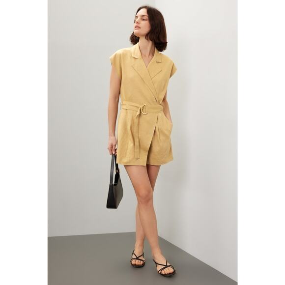 TOCCIN X RTR Khaki Brown Linen Blend Belted Utility Sarong Romper Size 10 - Picture 2 of 16